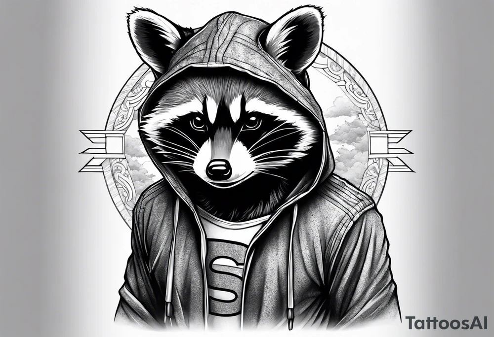 raccoon wearing a Superman hoodie tattoo idea