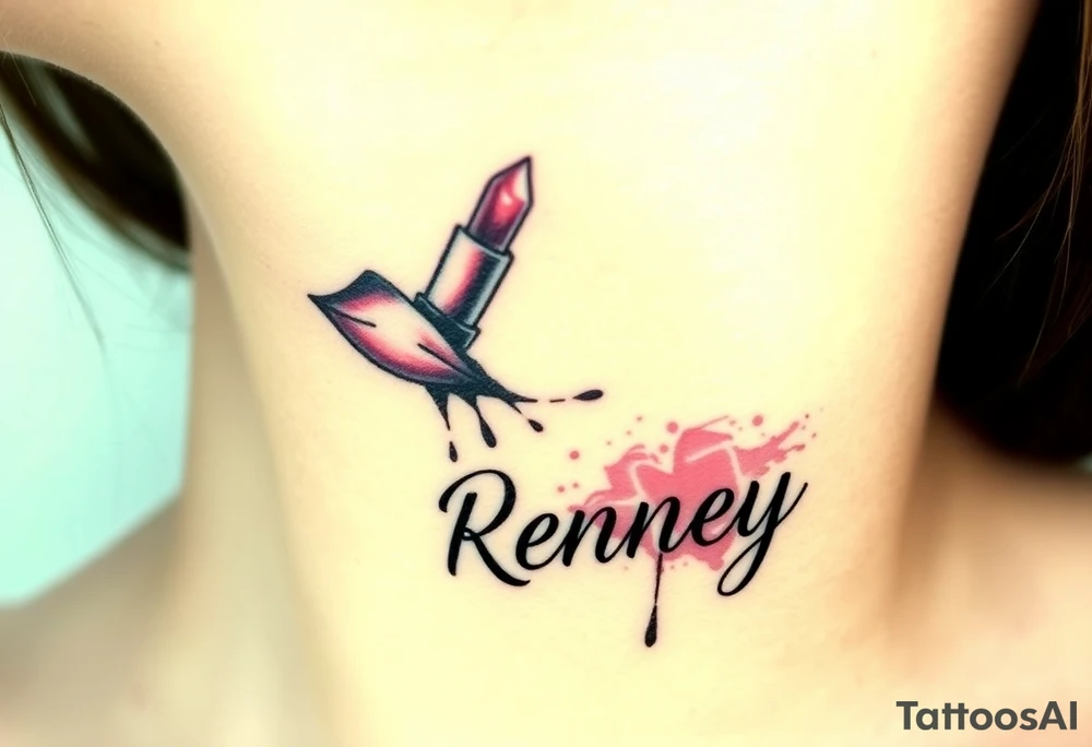 Seductive Stain from lipstick kiss with name Reney lowercase with drool tattoo idea
