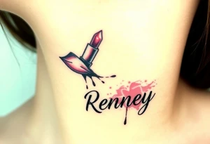 Seductive Stain from lipstick kiss with name Reney lowercase with drool tattoo idea