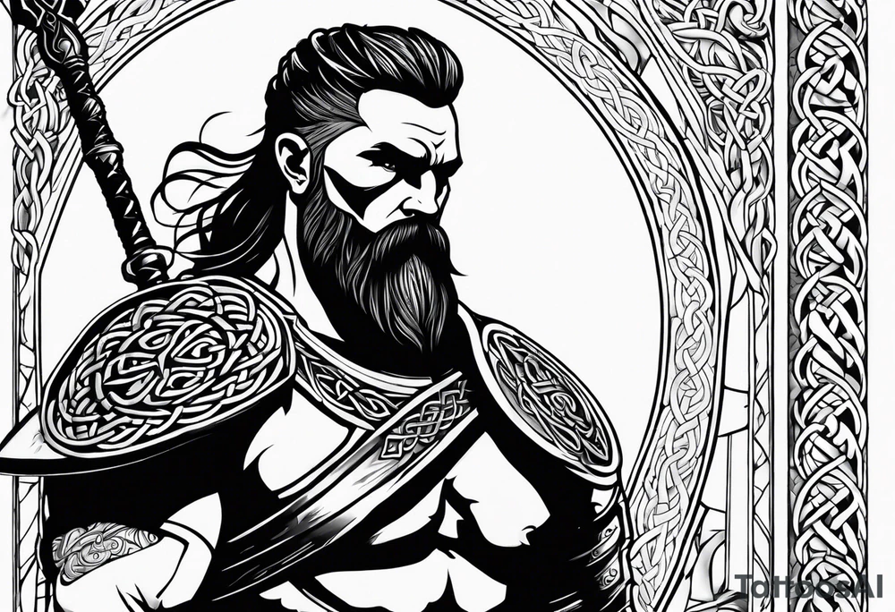 Side facing full body shot of Celtic warrior with weapon unsheathed. tattoo idea