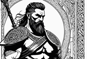 Side facing full body shot of Celtic warrior with weapon unsheathed. tattoo idea