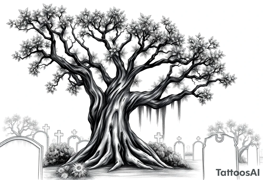 Laurel oak with Spanish moss in a cemetery tattoo idea
