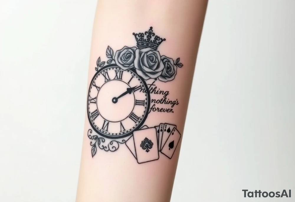 Roman clock with roses and a crown,  a quote that says nothings forever. and on the bottom a deck of cards tattoo idea