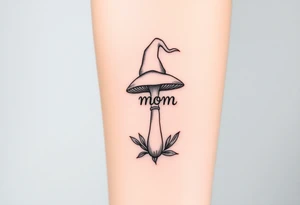 Mushroom with word mom on it with gnome on top tattoo idea