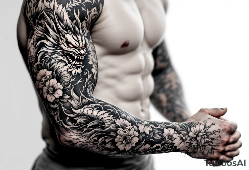 Japanese style forearm tattoo that shows a dragon an oni mask or warrier with incorporating some flower petals tattoo idea