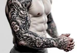 Japanese style forearm tattoo that shows a dragon an oni mask or warrier with incorporating some flower petals tattoo idea