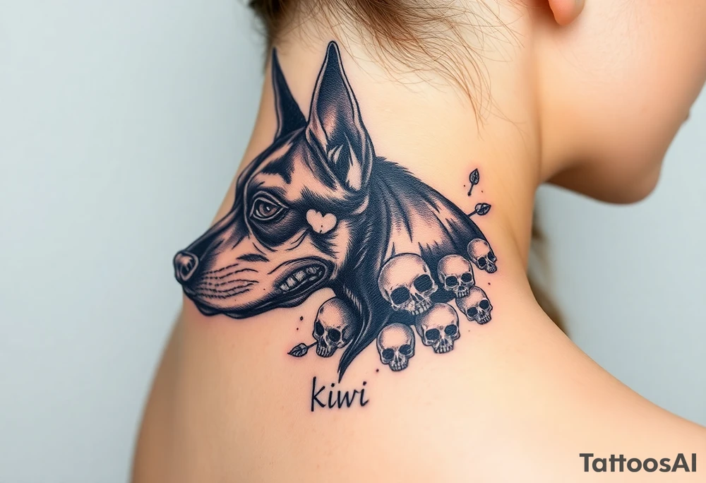 Half dead half alive zombie Brindle dog with the name kiwi . And some tiny skulls tattoo idea