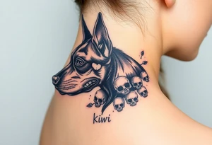 Half dead half alive zombie Brindle dog with the name kiwi . And some tiny skulls tattoo idea