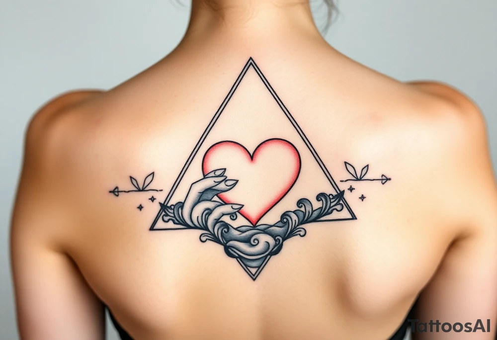 A triangle with a big heart in the center with an ocean travel theme tattoo idea