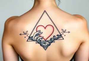 A triangle with a big heart in the center with an ocean travel theme tattoo idea