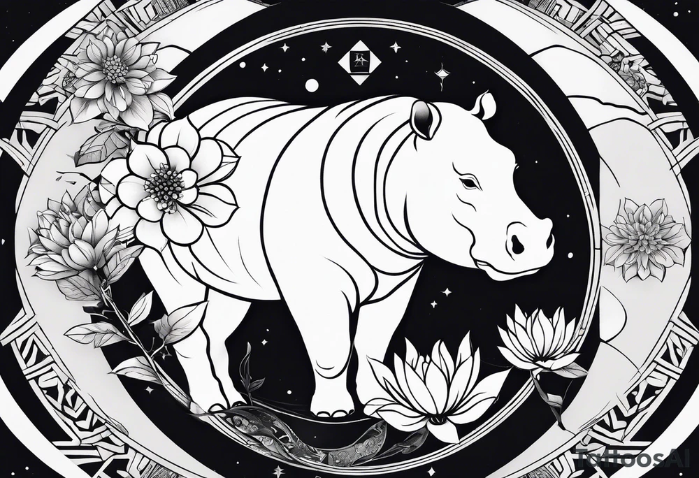 Very asymmetrical, +geometric pattern, with realistic full moon, with seeious looking hippo, +zen feel, + Buddhism touch, +tribal, +geometric
with wintersweet flower bud, +portrait orientation, +inkart touch, tattoo idea