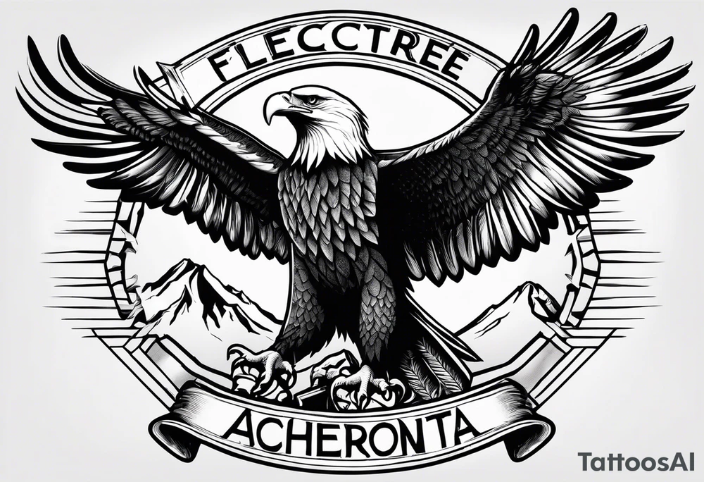 An eagle holding a banner  that reads flectere si nequeo supros acheronta movebo tattoo idea