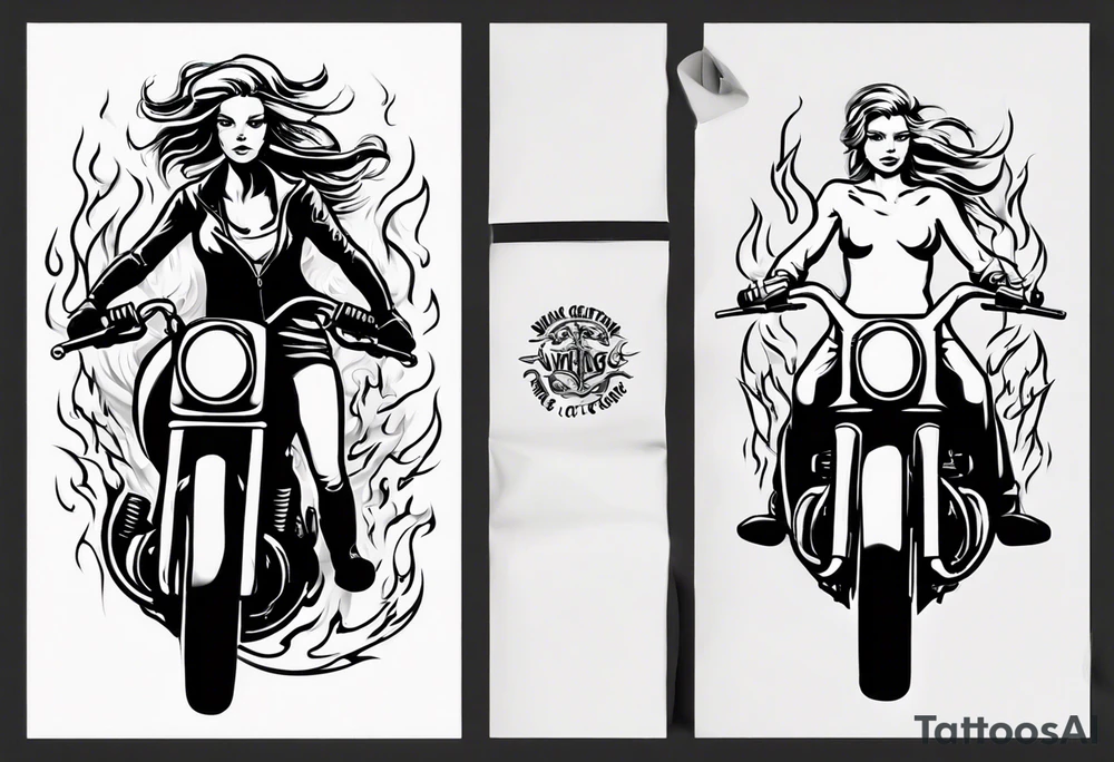 i want a tattoo of a girl riding a motorcycle with flames the words “Viking Customs” tattoo idea
