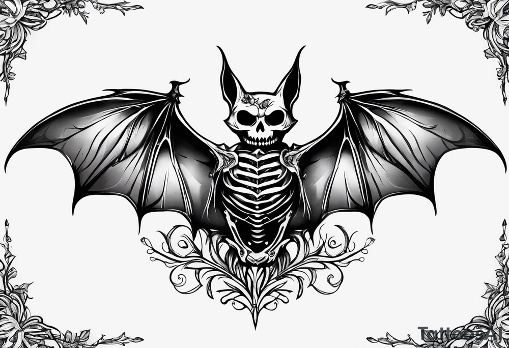 Flowers vines skeleton bat tattoo idea