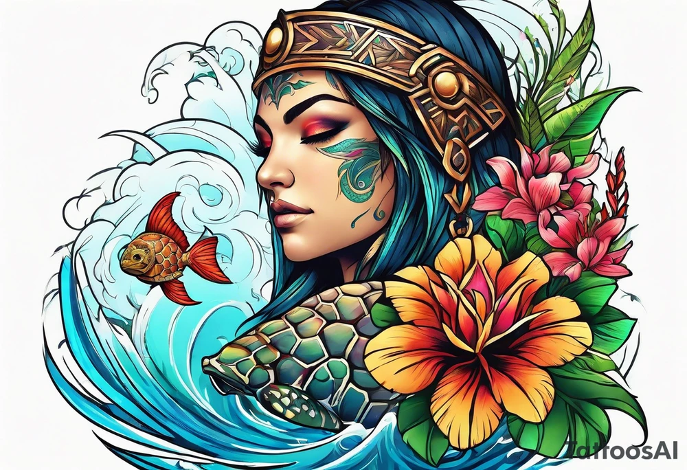 Steve and chest, Viking, Hawaiian, sea Turtle, flowers tattoo idea