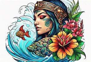 Steve and chest, Viking, Hawaiian, sea Turtle, flowers tattoo idea