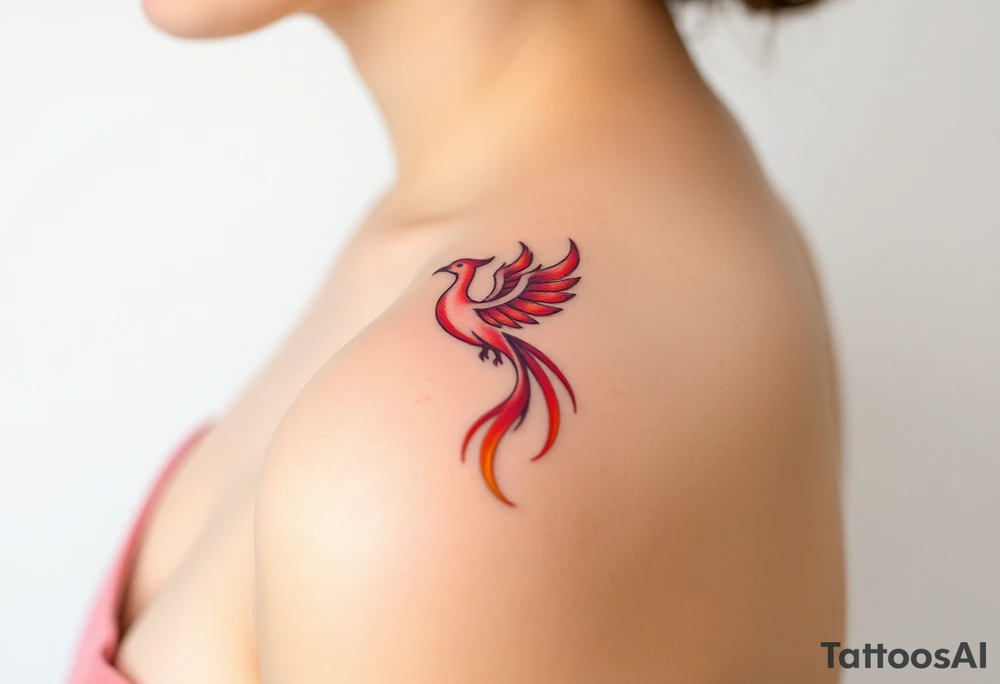 Square, phoenix rising from fire with both wings opened, colors red, pink, orange and purple. tattoo idea
