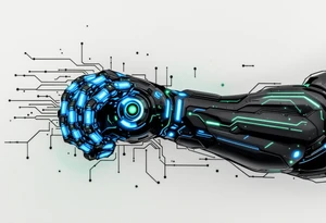 A futuristic robotic glove illusion in matte black and cobalt blue, with neon green circuit tracings. tattoo idea