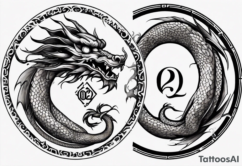Chinese dragon in a circular shape with "02.03" written on its skin tattoo idea