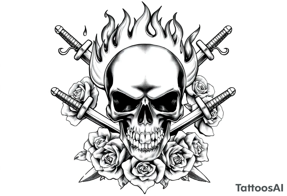 Skull engulfed in flames, crossed swords behind, blooming roses. tattoo idea