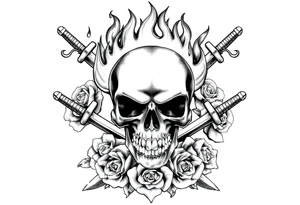 Skull engulfed in flames, crossed swords behind, blooming roses. tattoo idea