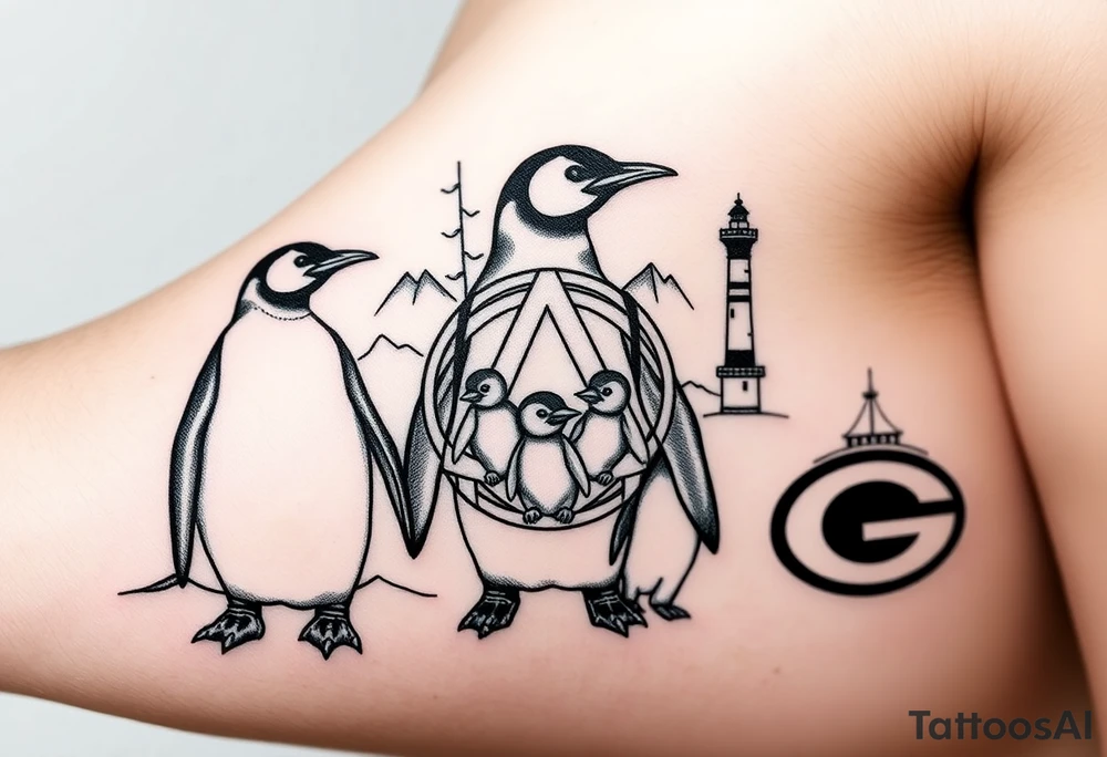 compilation outlining important things in my life such as emperor penguin, celtic trinity knot, lighthouse, mountains/nature, the green bay packers, and something to represent my 3 boys perhaps one adult emperor penguin with 3 baby penguins or something else to represent the 3 kids tattoo idea