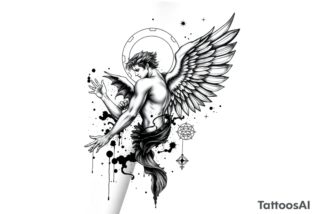 Highly detailed black and white tattoo design for forearm placement, allowing future extension into a full sleeve. Depict a dramatic surreal composition with a muscular male or androgynous angel in dynamic motion, large detailed wings partly torn or dissolving into abstract ink splashes, mixed with one demonic wing, surrounded by fine sacred geometry lines and circles, mythological and symbolic elements inspired by Icarus and Prometheus. Integrate fragmented body parts effect, thin minimal linework mixed with fine sketch shading, surreal horror accents like abstract dripping eyes, occult and alchemical symbols, black ink smoke, and thin composition lines connecting elements. High contrast, clean outlines, artistic etching style blended with minimal modern tattoo aesthetics, no background. tattoo idea