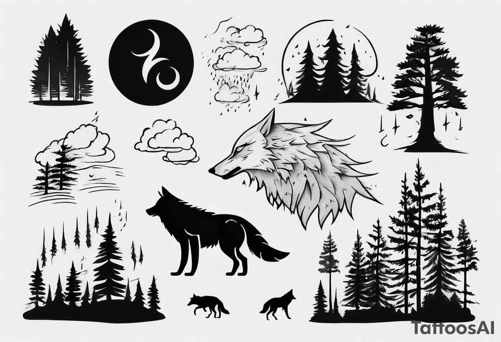 a thunderstorm over a forest and a wolf howling tattoo idea a thunderstorm over a forest and a wolf howling tattoo idea