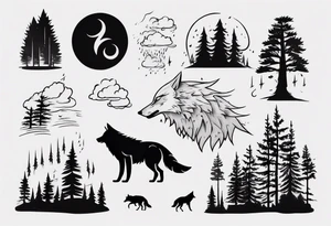 a thunderstorm over a forest and a wolf howling tattoo idea