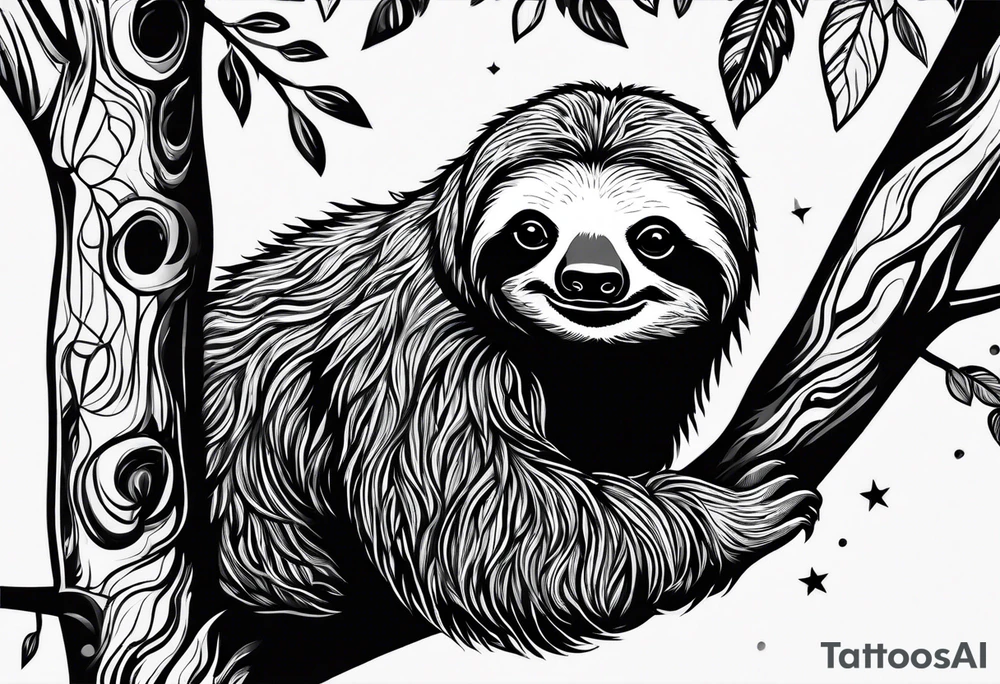 Sloth hanging on a tree tattoo idea