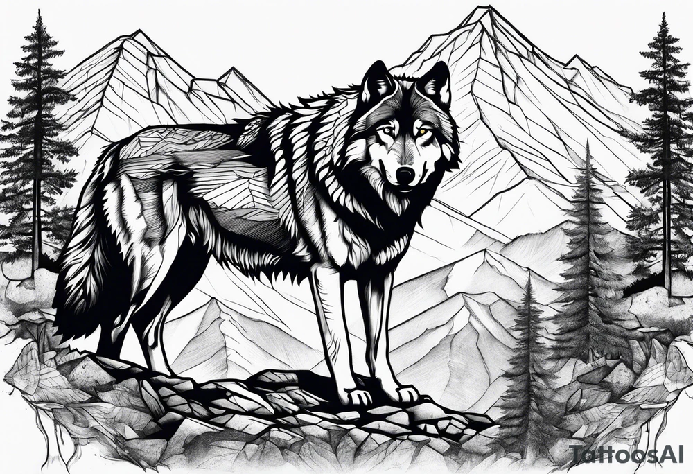 Mountains, wolf in it tattoo idea