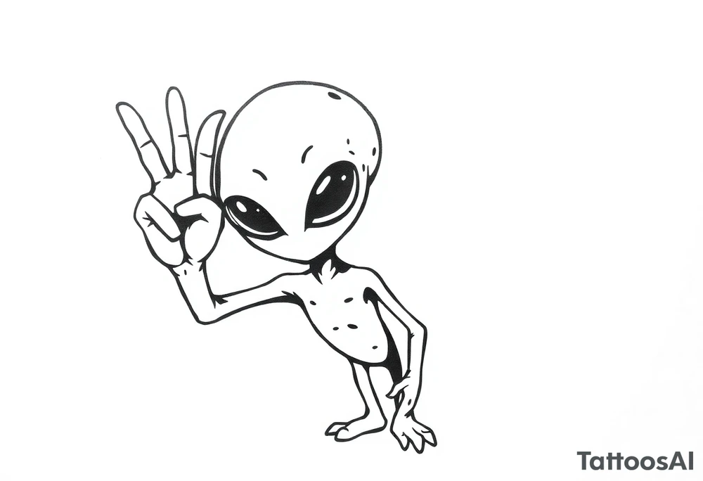 A silhouette stencil style drawing of a cute alien giving a peace sign tattoo idea
