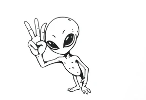 A silhouette stencil style drawing of a cute alien giving a peace sign tattoo idea
