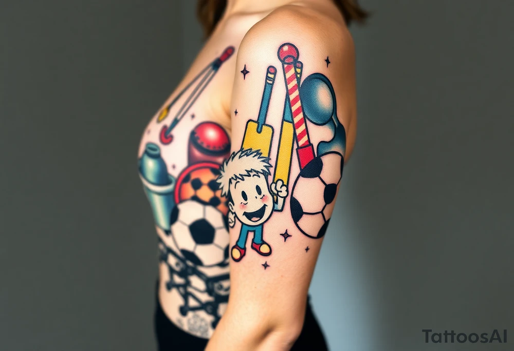 Childhood memories of a book, a bucket and spade, a football, a cricket bat, a cartoon of Dennis the Menace from the Beano comic, and the American Idiot symbol tattoo idea