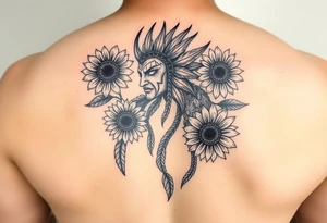 Native american gorgon with sunflowers tattoo idea