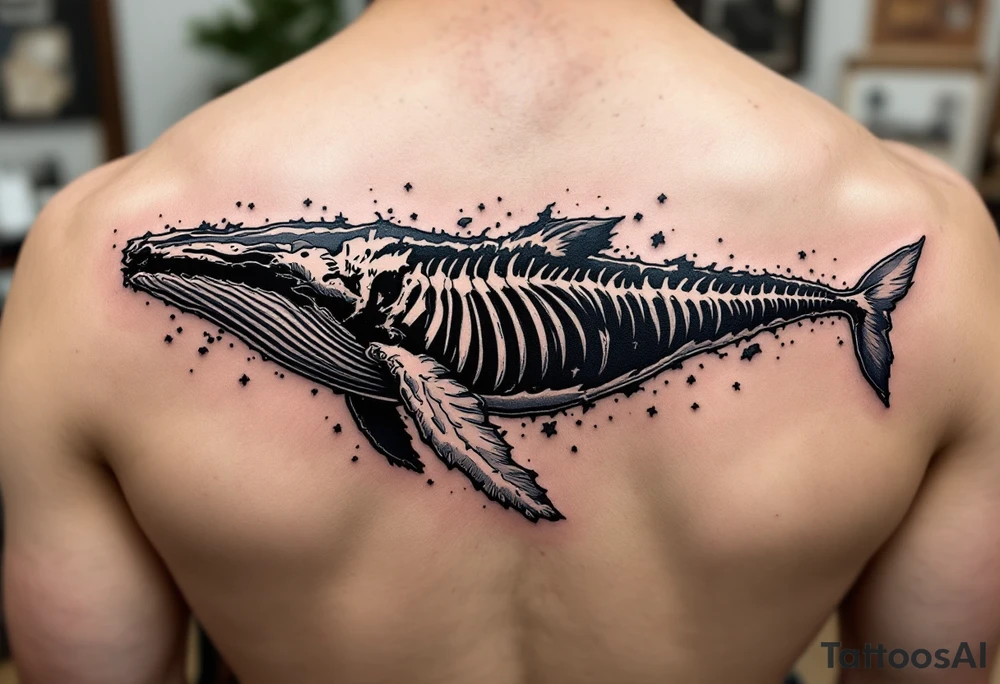 idea is basically a whale that's damaged and torn exposing the skeletal innerts, but it's still fiercely moving forward as hard as it can. on the outline of the whale to have the text : "ただただ生きるのは嫌だ。世界は残酷だ それでも君を愛すよ。" tattoo idea