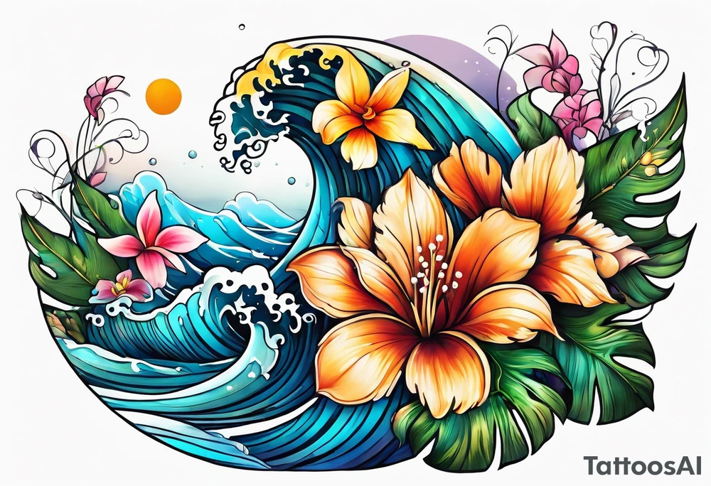 sea, flower, palm, animal tattoo idea