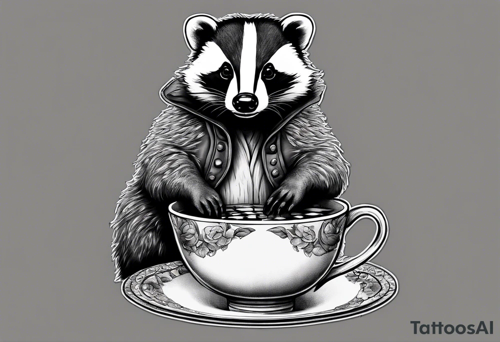 Badger in a coat with a teacup sitting on a mushroom tattoo idea