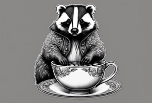 Badger in a coat with a teacup sitting on a mushroom tattoo idea