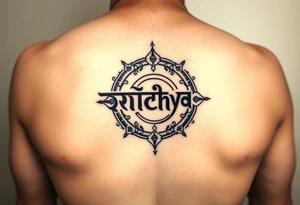 Create a tattoo that writes the Hindi word "Anichya" with A circle or spiral, which represents the cyclical nature of life and death tattoo idea