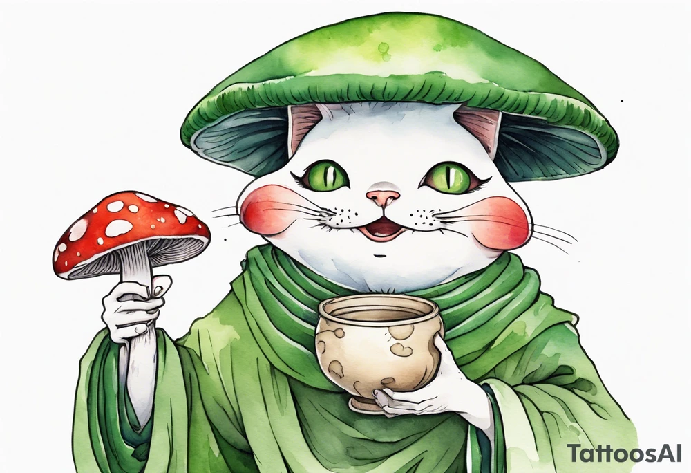 a mushroom person with a green cat face with a mushroom hat wearing a medieval tunic drinking from a wood cup, laughing tattoo idea