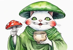 a mushroom person with a green cat face with a mushroom hat wearing a medieval tunic drinking from a wood cup, laughing tattoo idea