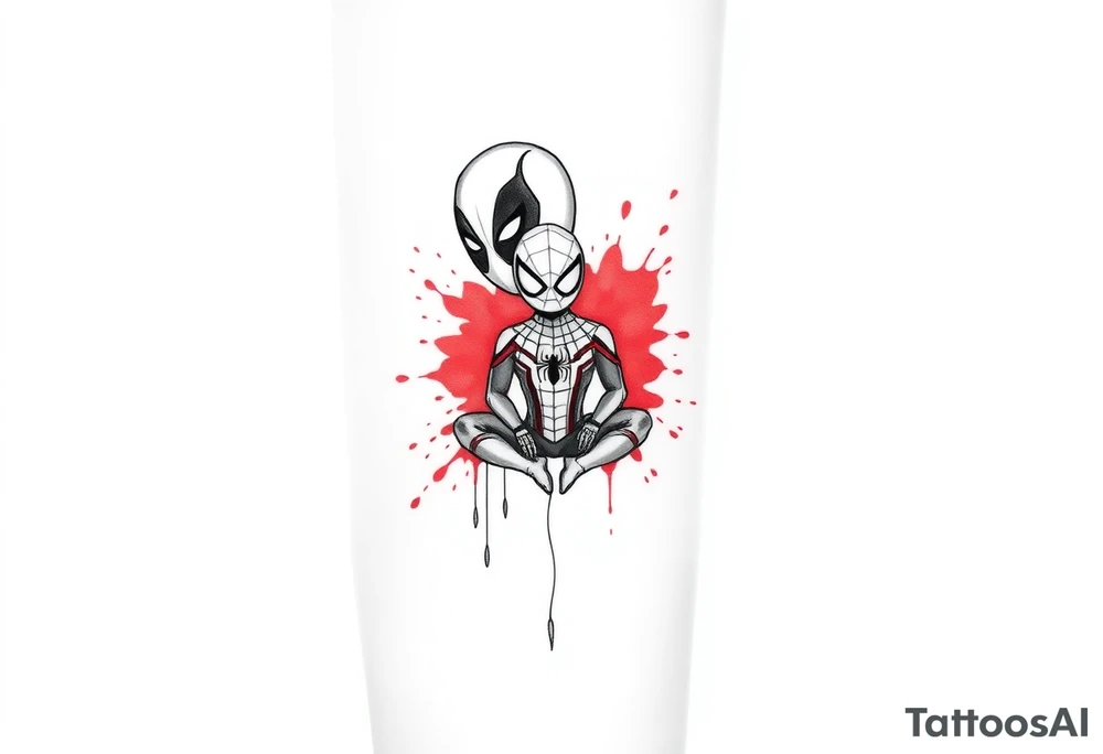 A vertical stacked tattoo design for a half-sleeve on a white background. At the top is a chibi Deadpool character in a bold ink sketch style. At the bottom is a chibi Spider-Man character sitting cross-legged in a loose pencil sketchbook style. High contrast black and grey shading. The two characters are connected by loose, energetic sketch lines and a thin spiderweb thread hanging between them. Dramatic, stylized splashes of bright, vibrant watercolor red ink splatter bursting out around both characters' suits, bleeding into the negative space. Tattoo flash sheet style, crisp linework. tattoo idea