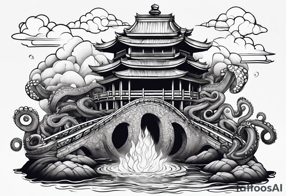 Octopus volcano bridge tattoo idea
