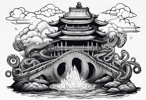 Octopus volcano bridge tattoo idea