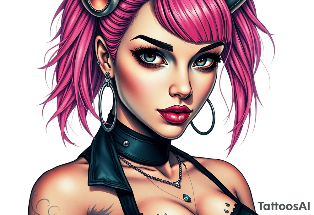 hot goth girl with puppy ears and with piercings on face and big boobs and big butt full body 
 with black outfit on with pink hair tattoo idea