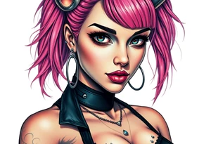 hot goth girl with puppy ears and with piercings on face and big boobs and big butt full body 
 with black outfit on with pink hair tattoo idea