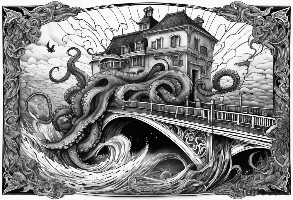 Octopus attacking bridge tattoo idea