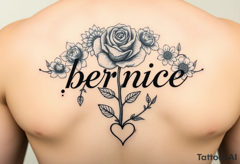 Flowers around the name bernice a rose saying Eloise Burris with a tree stem saying shirley Ann Loving Scott with sunflowers coming out the stem a cloud saying white cloud and a rose stem saying Sayquan and quazeik with a  heart tattoo idea