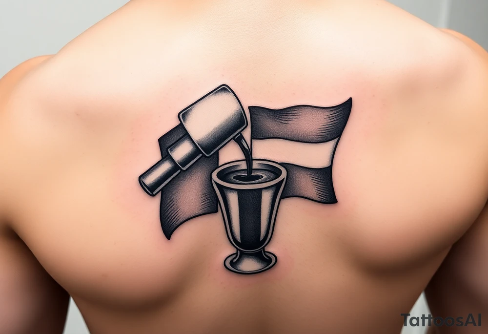 A simple greca with a Dominican Republic flag, tipped to pour coffee into a small Cuban coffee glass with a Cuban flag. Using shading to make the tattoo pop. tattoo idea